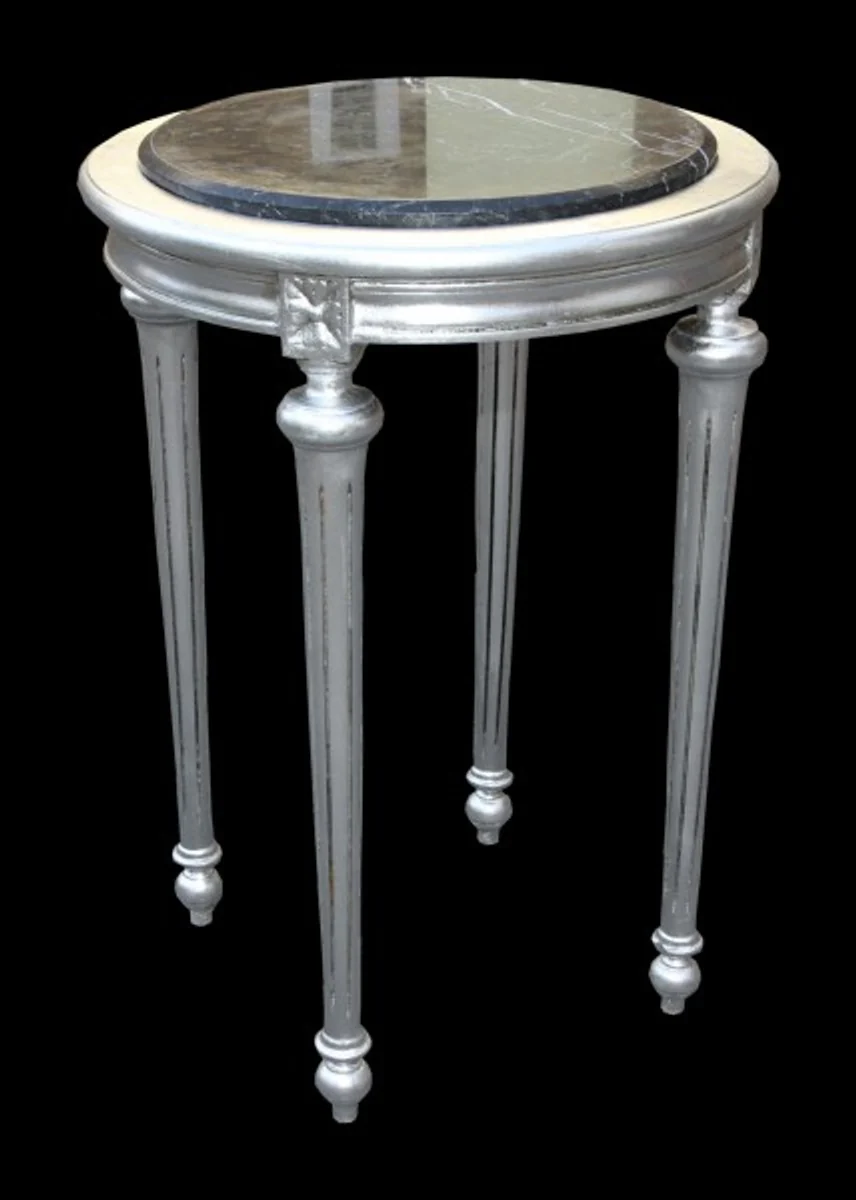 Baroque side table round with marble top silver/black H 72 cm, W 49 cm Mod Y30 antique style