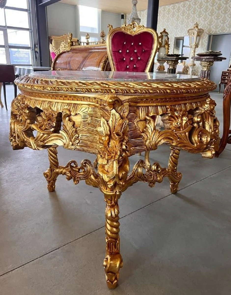 Baroque dining table gold / gray-brown - round solid wood dining room table with marble top - dining room furniture in baroque style - baroque furniture - noble & magnificent