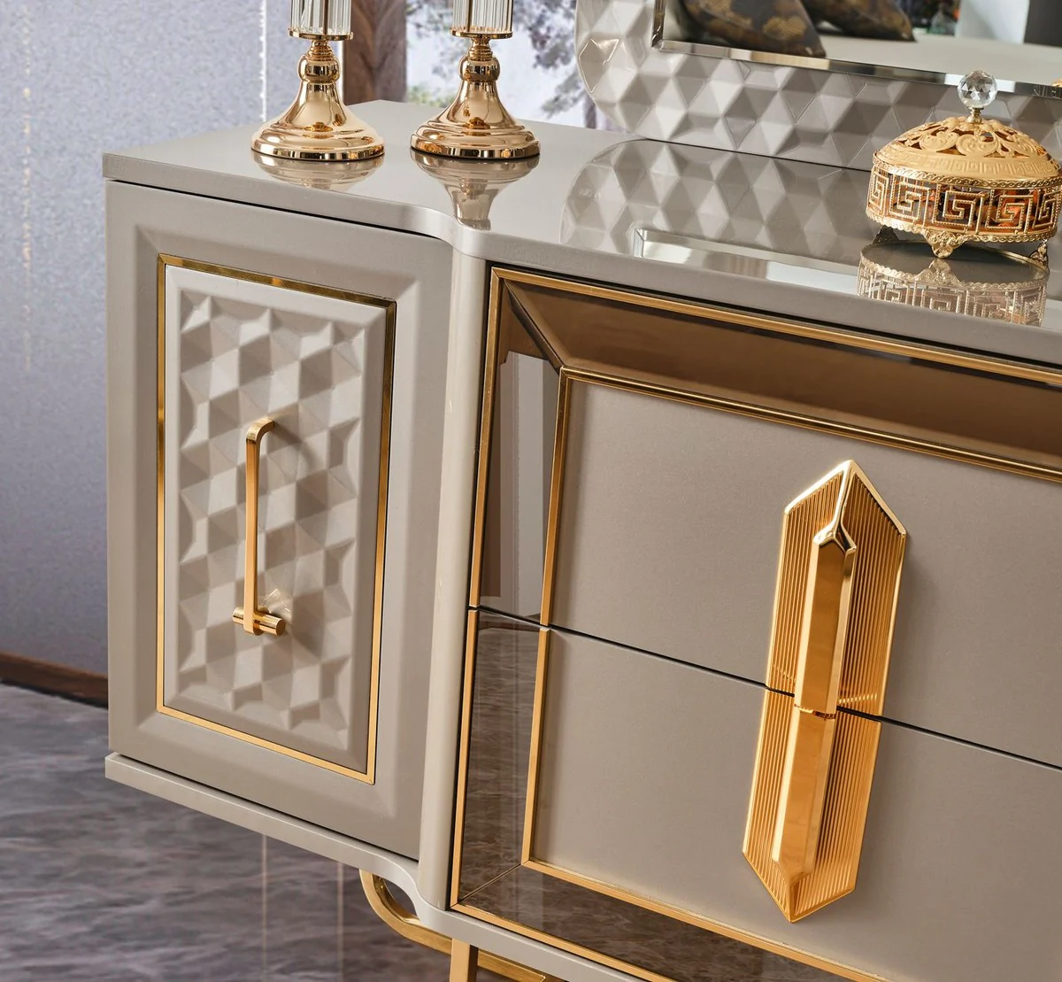 Luxury Art Deco Bedroom Set Gray / Gold - 1 Luxury Art Deco Dressing Table & 1 Luxury Art Deco Mirror - Art Deco Bedroom Furniture - Luxury Bedroom Furniture
