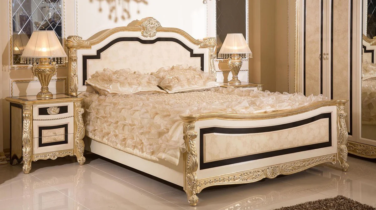 Luxury Baroque bedroom set white / beige / black / gold - 1 Baroque double bed with headboard & 2 Baroque nightstands - Luxury bedroom furniture in Baroque style - Baroque interior