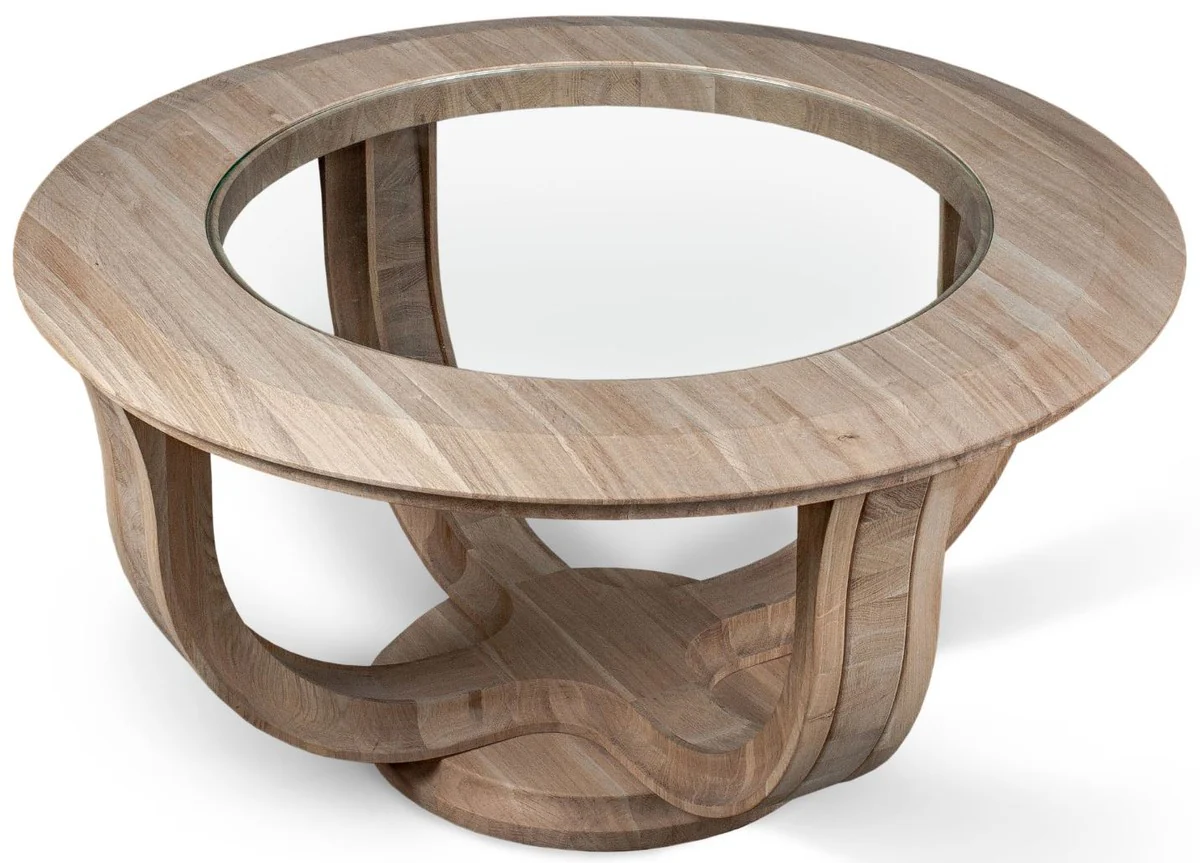 Luxury solid wood coffee table natural colors Ø 73 x H. 43 cm - Round oak wood living room table with glass top - Solid wood living room furniture