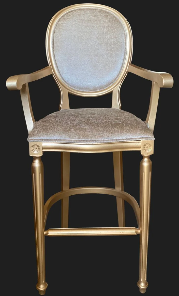Baroque bar chair with armrests gold / gold - solid wood antique style bar stool with velvet fabric - handmade baroque bar furniture