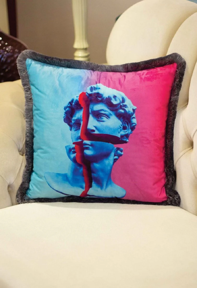 Luxury decorative cushion baroque bust multicolored / gray 45 x 45 cm - printed velvet cushion with fringes - luxury decorative accessories