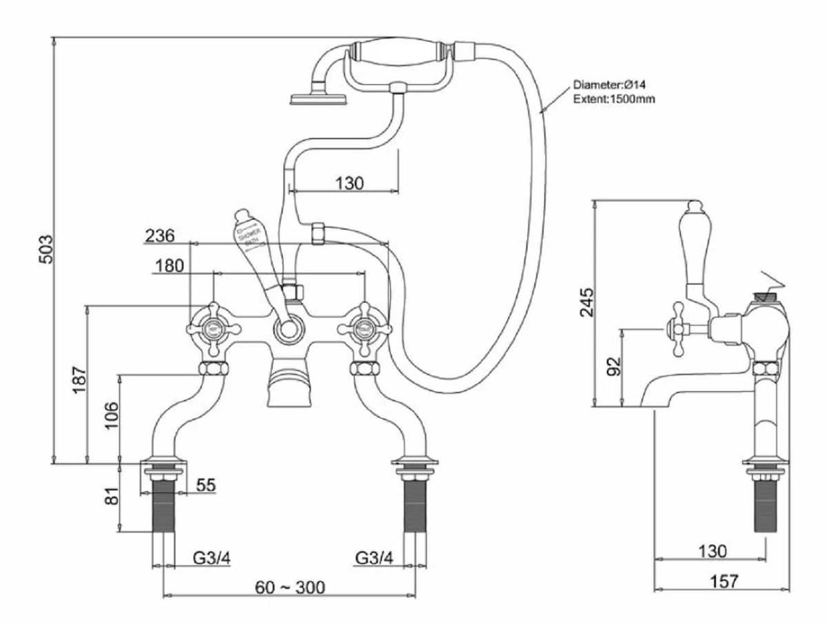 Luxury Art Nouveau bathtub mixer gold / white H. 50.3 cm - Nostalgic brass bathtub mixer with hand shower - Nostalgic bathroom accessories