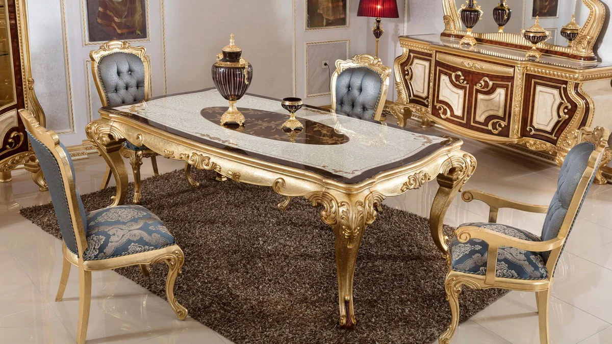 Luxury Baroque Dining Room Set Blue / White / Brown / Gold - 1 Baroque Dining Table & 6 Baroque Dining Chairs - Baroque Dining Room Furniture - Luxury Furniture in Baroque Style - Noble & Magnificent