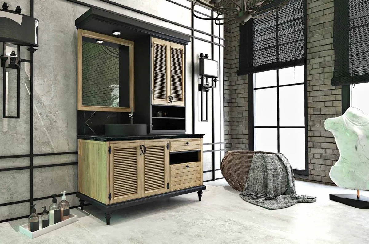 Luxury country house style bathroom set natural color / black - illuminated vanity unit with 4 doors and 2 drawers and 1 sink and 1 wall mirror - country house style bathroom furniture