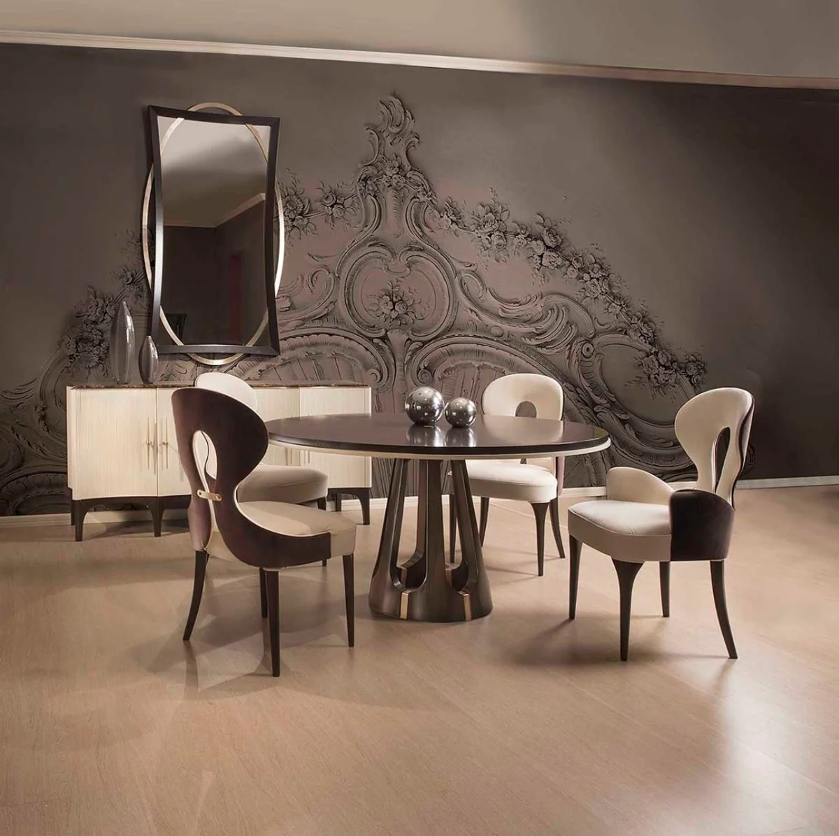 Luxury Art Deco Dining Room Set Cream / Brown / Gold - 1 Round Luxury Art Deco Dining Table & 4 Luxury Art Deco Dining Room Chairs - Art Deco Dining Room Furniture - Luxury Quality - Made in Italy