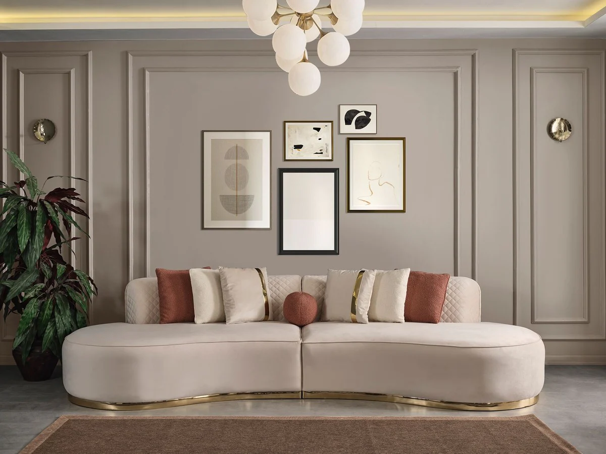 Luxury velvet 4 seater sofa cream / gold 330 x 120 x H. 76 cm - living room sofa with elegant velvet fabric - living room furniture - luxury furniture - living room furnishings - luxury furnishings