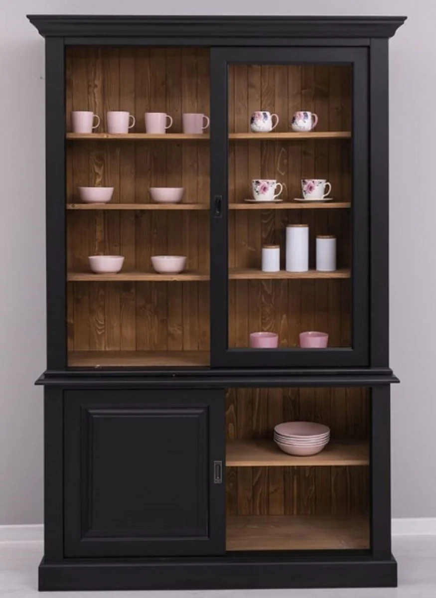 Country house style dining room cabinet black / brown 141 x 48 x H. 212 cm - solid wood cabinet with 4 sliding doors - country house style solid wood dining room furniture