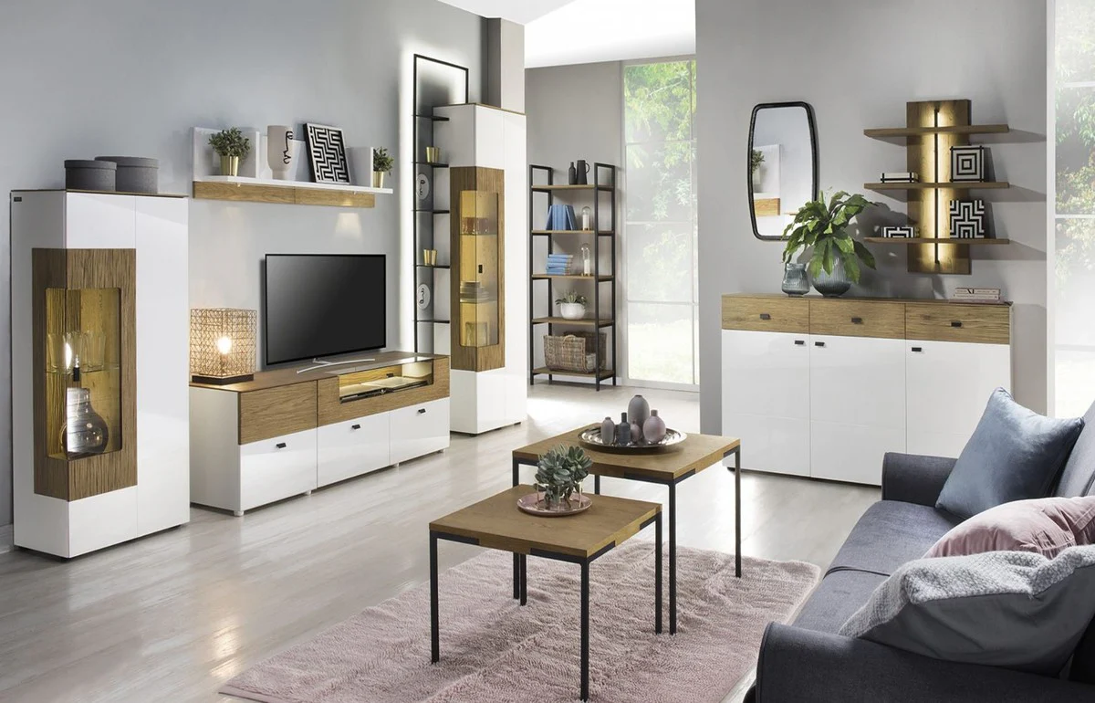 Corner display cabinet white / brown 65.8 x 40 x H. 138.3 cm - Modern illuminated solid wood display cabinet - Living room cabinet - Living room furniture