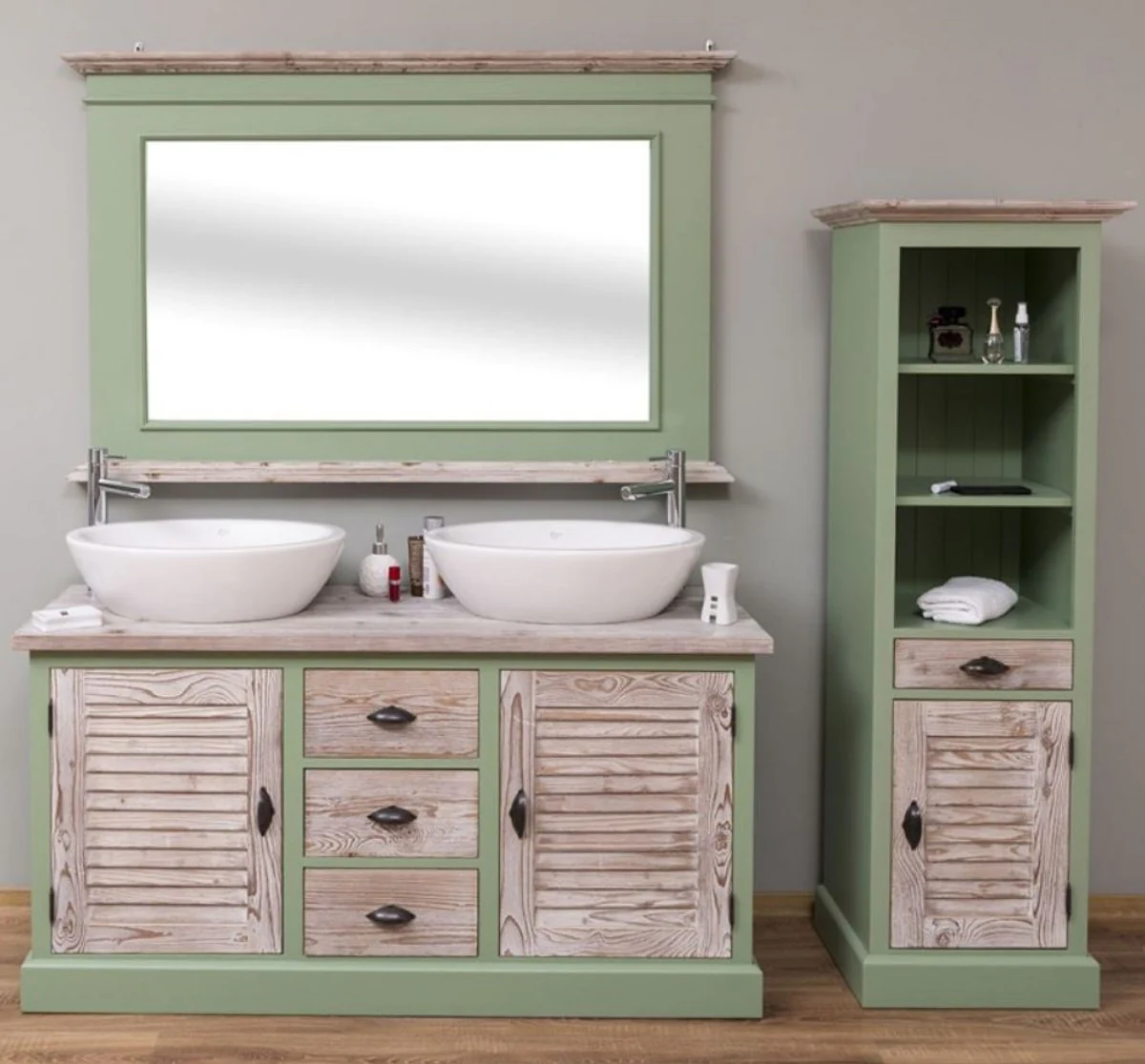 Country house style bathroom set green / natural colors - 1 double washbasin & 1 wall mirror & 1 shelf cabinet - solid wood bathroom furniture in country house style