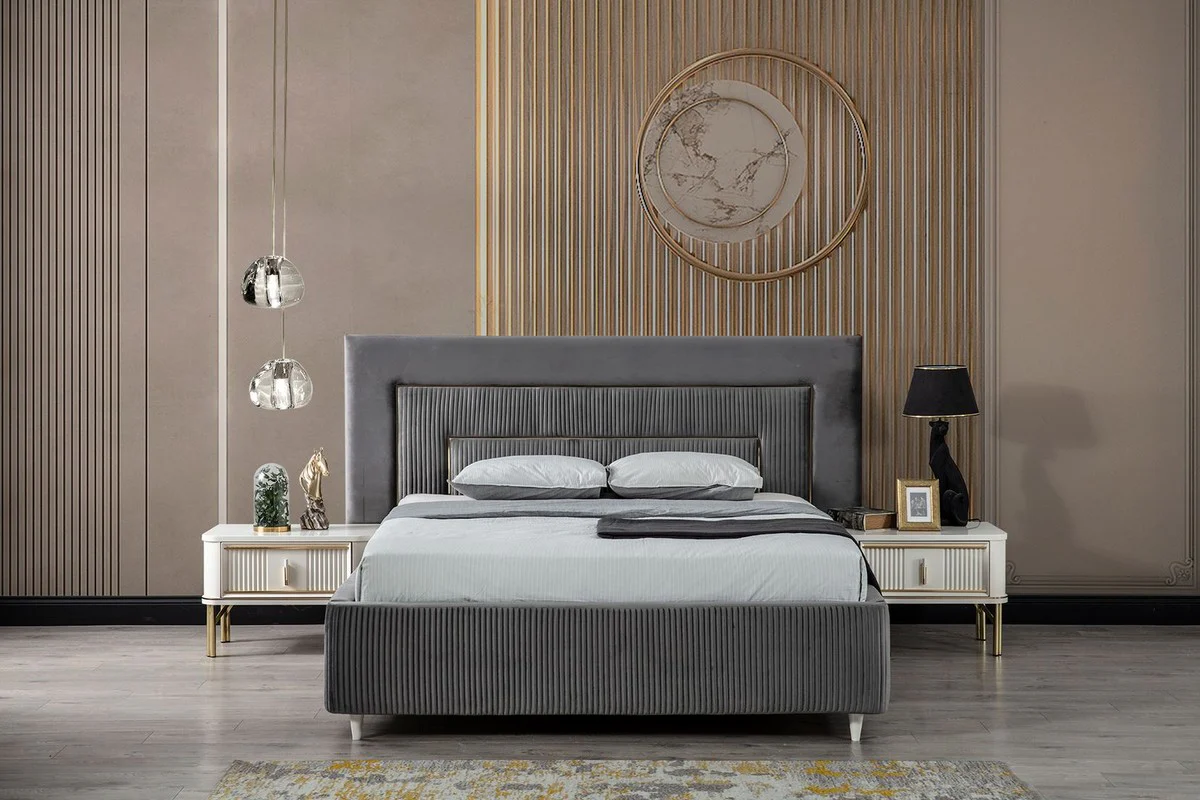 Luxury Bedroom Set Gray / White / Gold - 1 double bed with headboard & 2 bedside tables - Bedroom Furniture - Luxury Collection