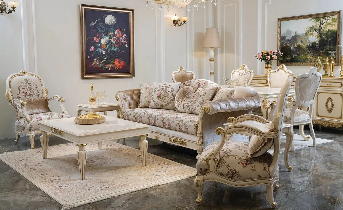 Luxury baroque sofa cream / pink / white / gold 228 x 90 x H. 100 cm - Noble living room sofa with floral pattern and decorative pillows - Baroque living room furniture