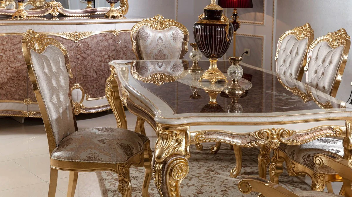Luxury baroque dining table white / brown / gold 220 cm