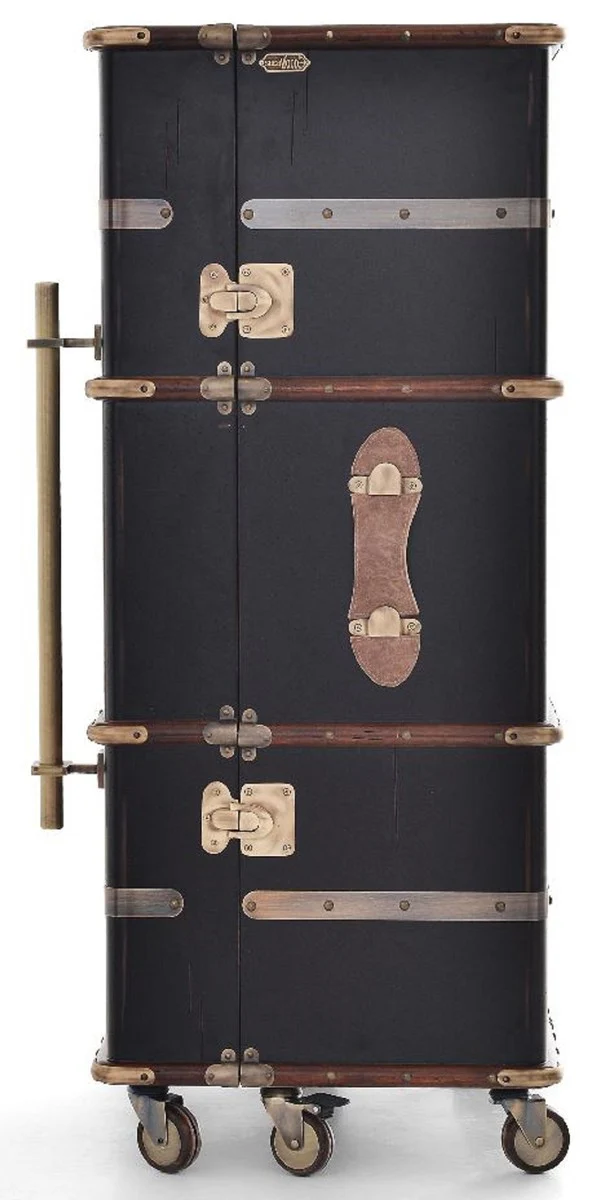 Luxury bar cabinet with wheels antique black 59 x 51 x H. 120 cm - suitcase cabinet in a retro look - retro style wine cabinet - bar furniture - luxury furniture