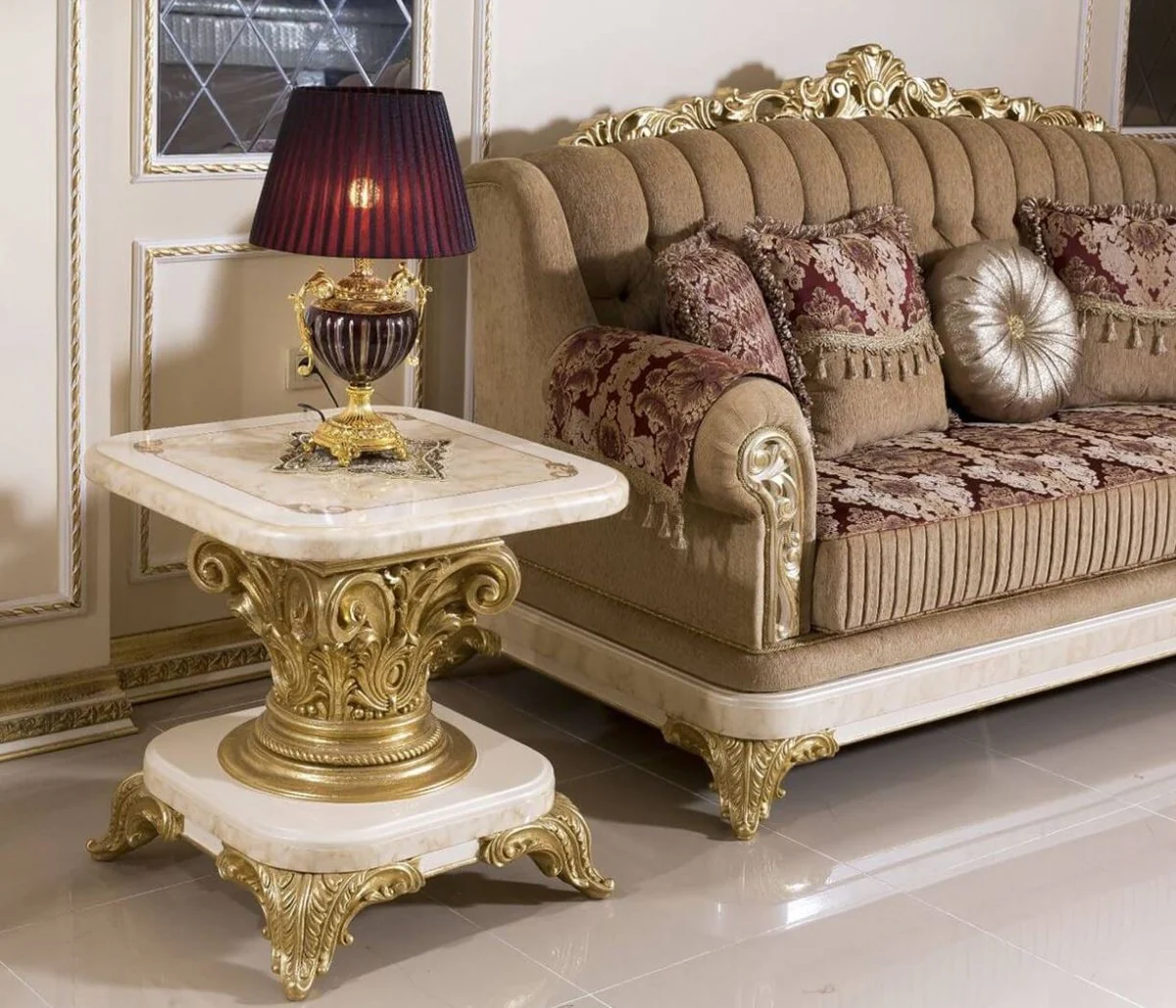 Luxury baroque sofa brown / burgundy red / white / gold - magnificent living room sofa with an elegant pattern - luxury living room furniture in baroque style - baroque furniture - baroque furnishings