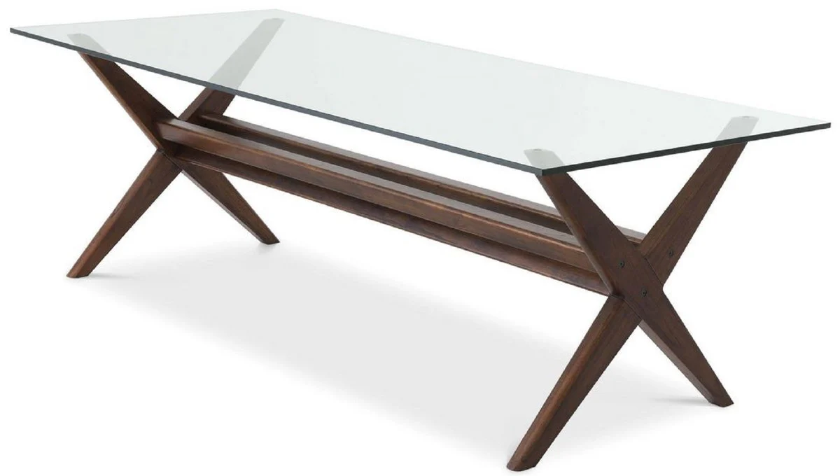 Luxury dining table brown 230 x 100 x H. 77 cm - Solid wood kitchen table with glass top - Rectangular dining room table - Luxury dining room furniture
