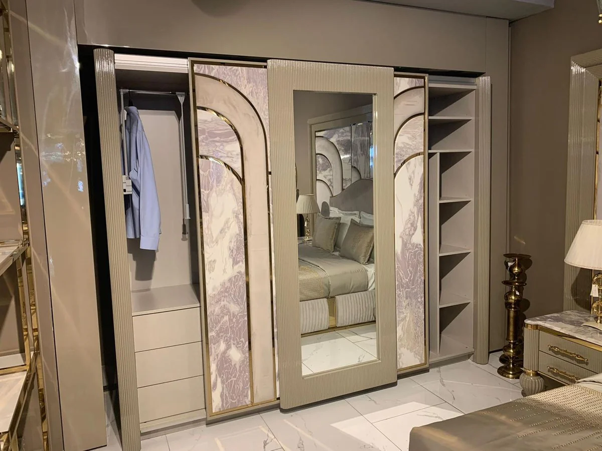 Luxury Art Deco bedroom wardrobe gray / white / gold 270 x H. 230 cm - Mirrored wardrobe with 3 sliding doors - Art Deco bedroom & hotel furniture - Luxury collection