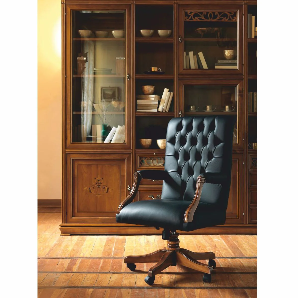 Luxury Baroque Chesterfield Leather Desk Chair Black / Brown - Made in Italy