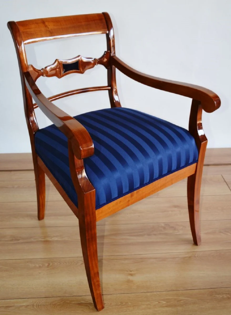 Luxury Biedermeier dining room chair with armrests and stripes brown / blue 58 x H. 92 cm - Solid wood kitchen chair - Solid wood dining room furniture - Biedermeier dining room furniture
