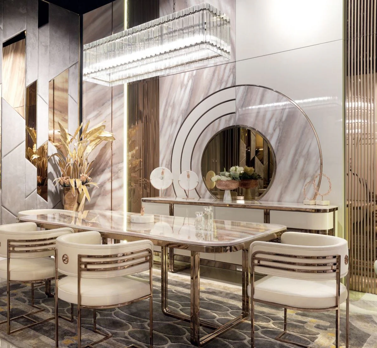 Luxury dining room set cream / white / copper - 1 luxury dining table with faux marble table top & 8 luxury dining room chairs - dining room furniture - luxury furniture - luxury furnishings