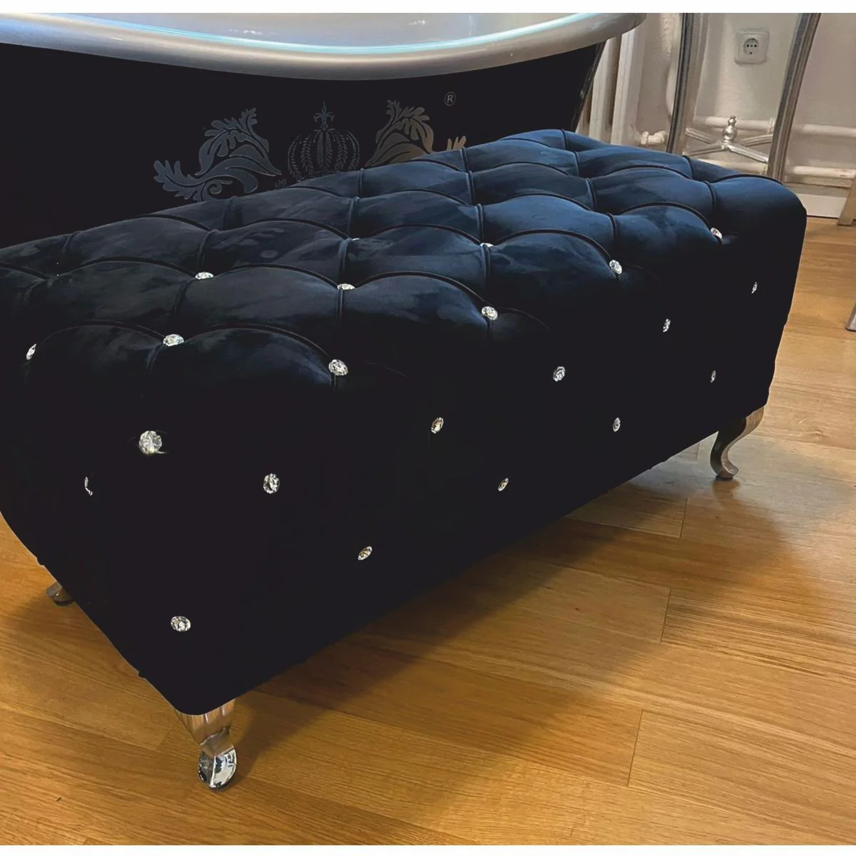 Baroque bench with glittering stones black / silver 100 cm - Baroque furniture