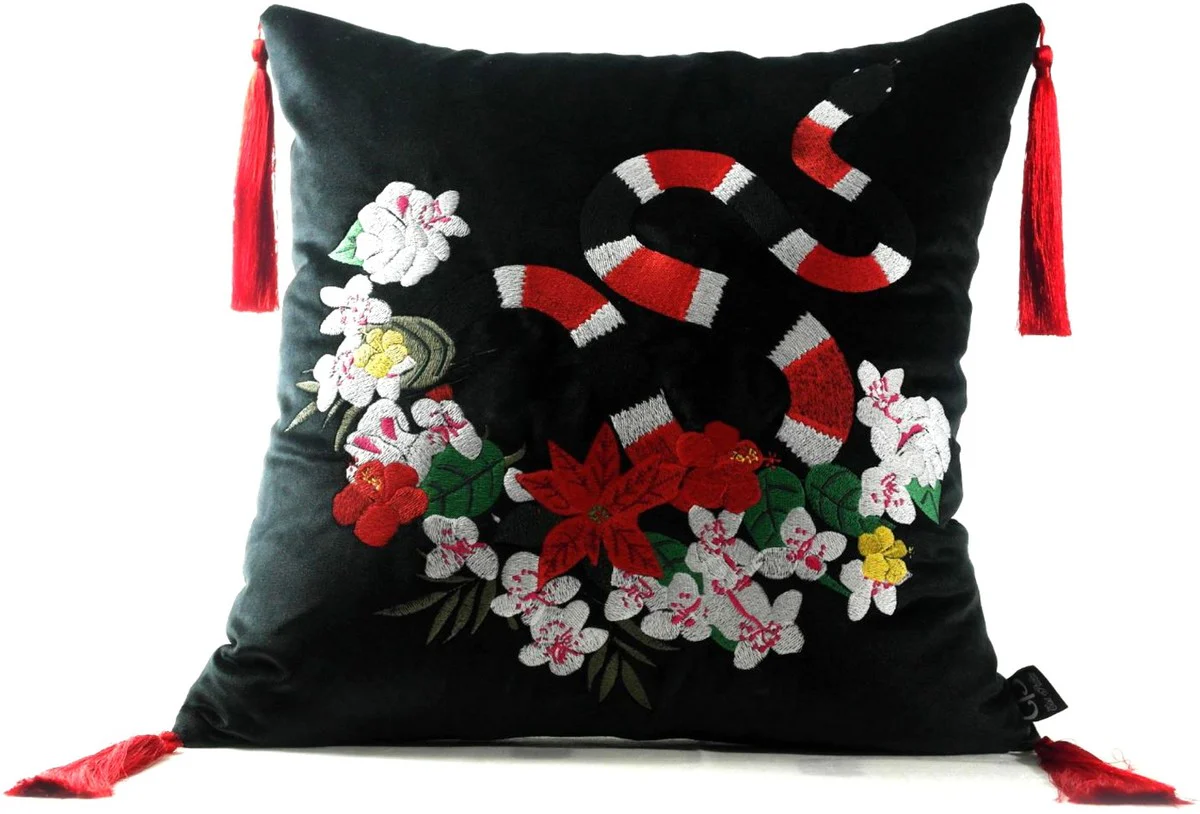 Luxury decorative cushion with tassels Snake black / multicolored 45 x 45 cm - finest velvet fabric - luxury quality