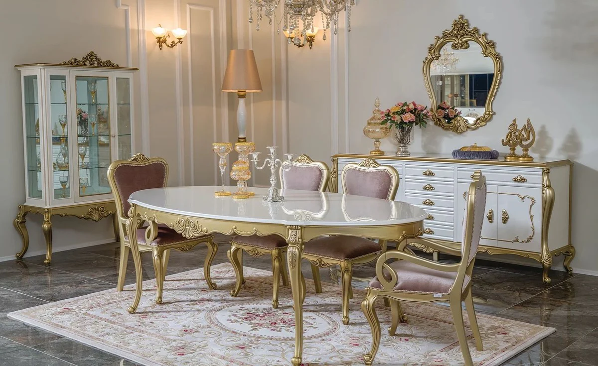 Luxury baroque dining room set pink / white / gold - 1 oval dining table & 6 dining chairs - magnificent dining room furniture in the baroque style