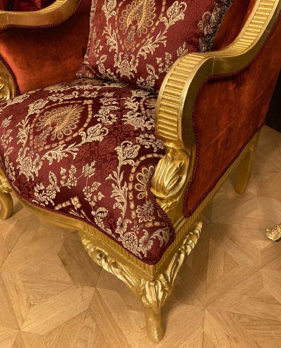 Luxury baroque wing chair with decorative cushion red / burgundy pattern / gold - luxury living room armchair in baroque style - baroque furniture - baroque furnishings - noble & magnificent