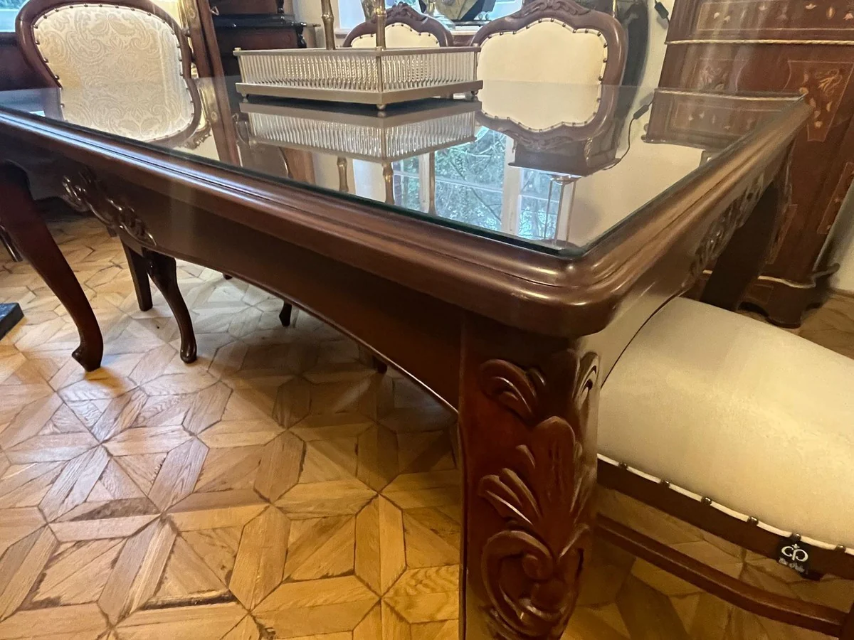 Luxury baroque dining table with glass top dark brown - handmade solid wood dining room table - luxury dining room furniture in baroque style - baroque furniture - baroque furnishings