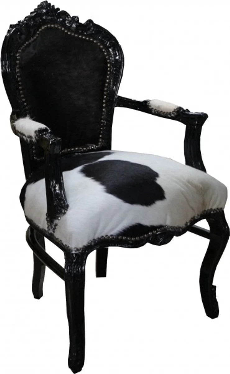 Baroque dining room chair cowhide / black with armrests - real cowhide