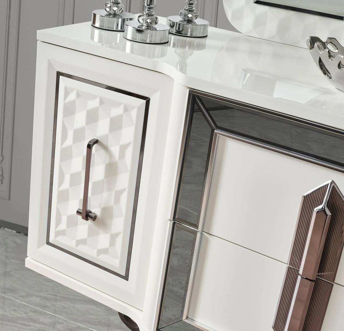 Luxury Art Deco Bedroom Set White / Bronze - 1 Luxury Art Deco Dressing Table & 1 Luxury Art Deco Mirror - Art Deco Bedroom Furniture - Luxury Bedroom Furniture