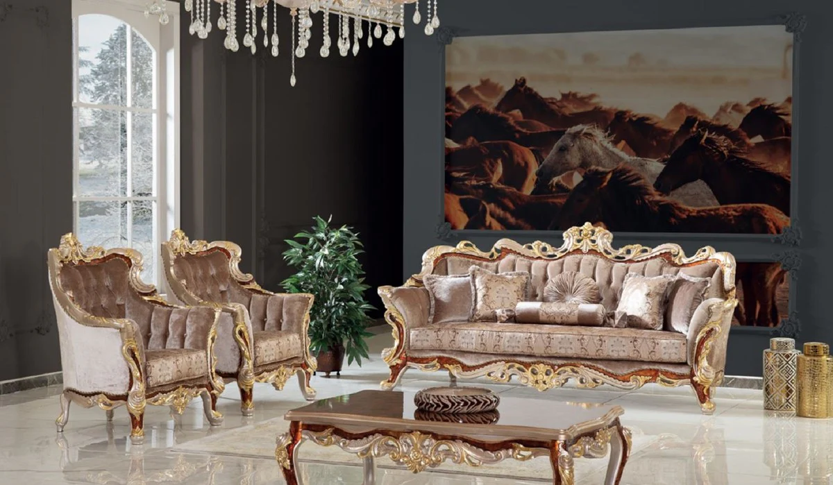 Luxury baroque living room table brown / silver / gold 130 x 85 x H. 50 cm - Noble solid wood coffee table in baroque style - Baroque living room furniture