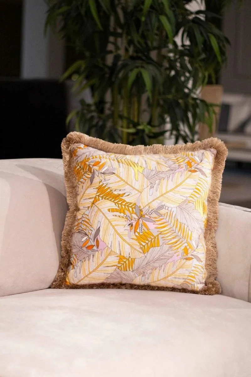 Luxury decorative cushion leaves design multicolored / brown 45 x 45 cm - printed velvet cushion with fringes - decorative accessories