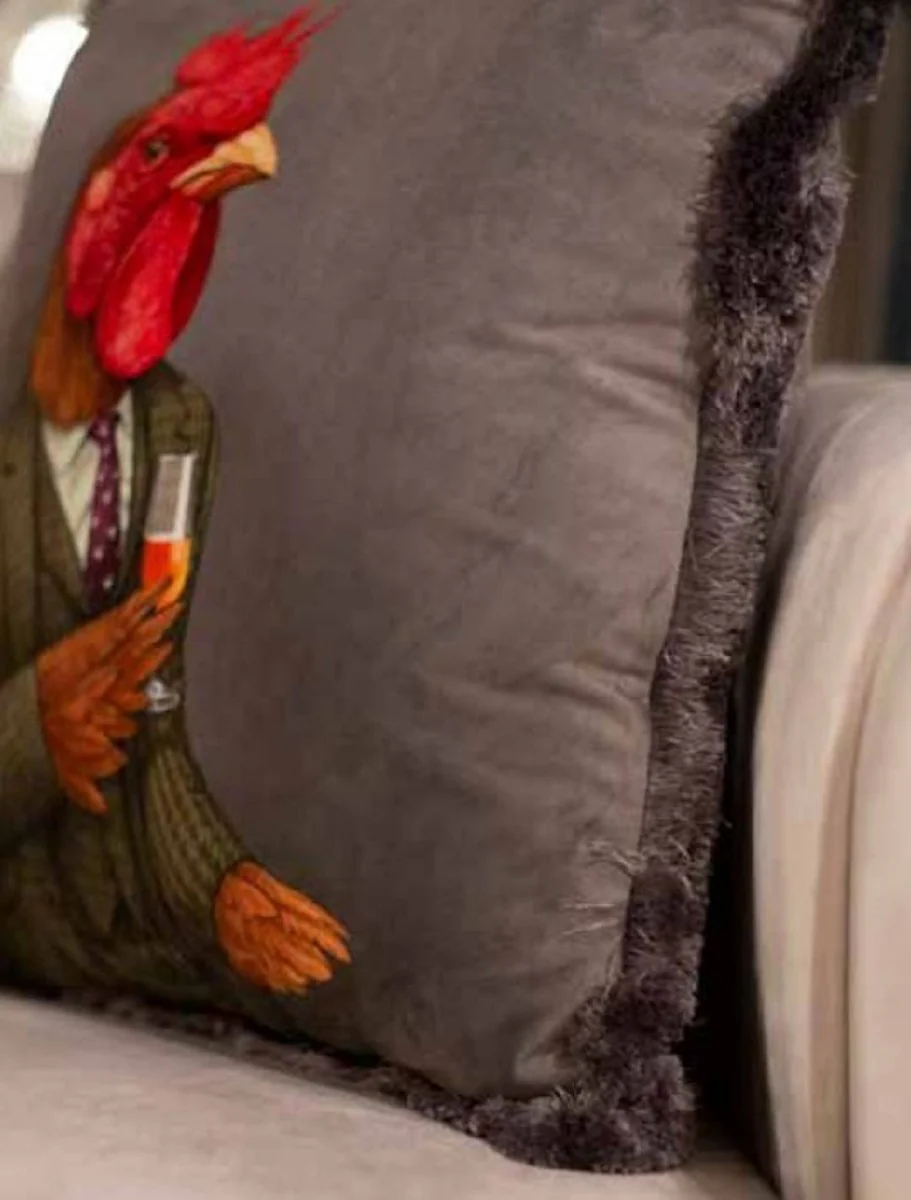 Luxury decorative cushion gentleman rooster rooster gray / multicolored 45 x 45 cm - printed velvet cushion with fringes - luxury quality