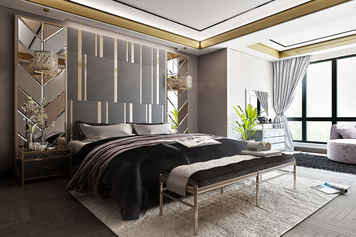 Luxury bedroom set gray / gold / silver - 1 double bed with headboard & 2 nightstands - luxury bedroom furniture - hotel furniture - luxury furnishings - hotel furnishings