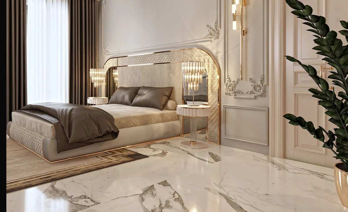 Luxury Art Deco bedside table white / gray / gold 60 x 45 x H. 66 cm - Bedside table with drawer and artificial marble top - Art Deco bedroom furniture - Luxury bedroom furniture