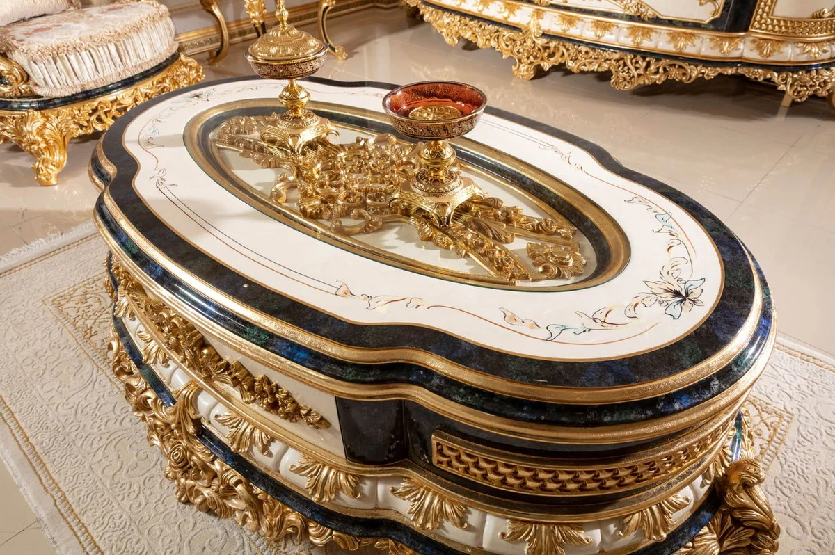 Luxury baroque coffee table white / blue / gold - magnificent solid wood living room table with glass top - baroque living room furniture - noble & magnificent