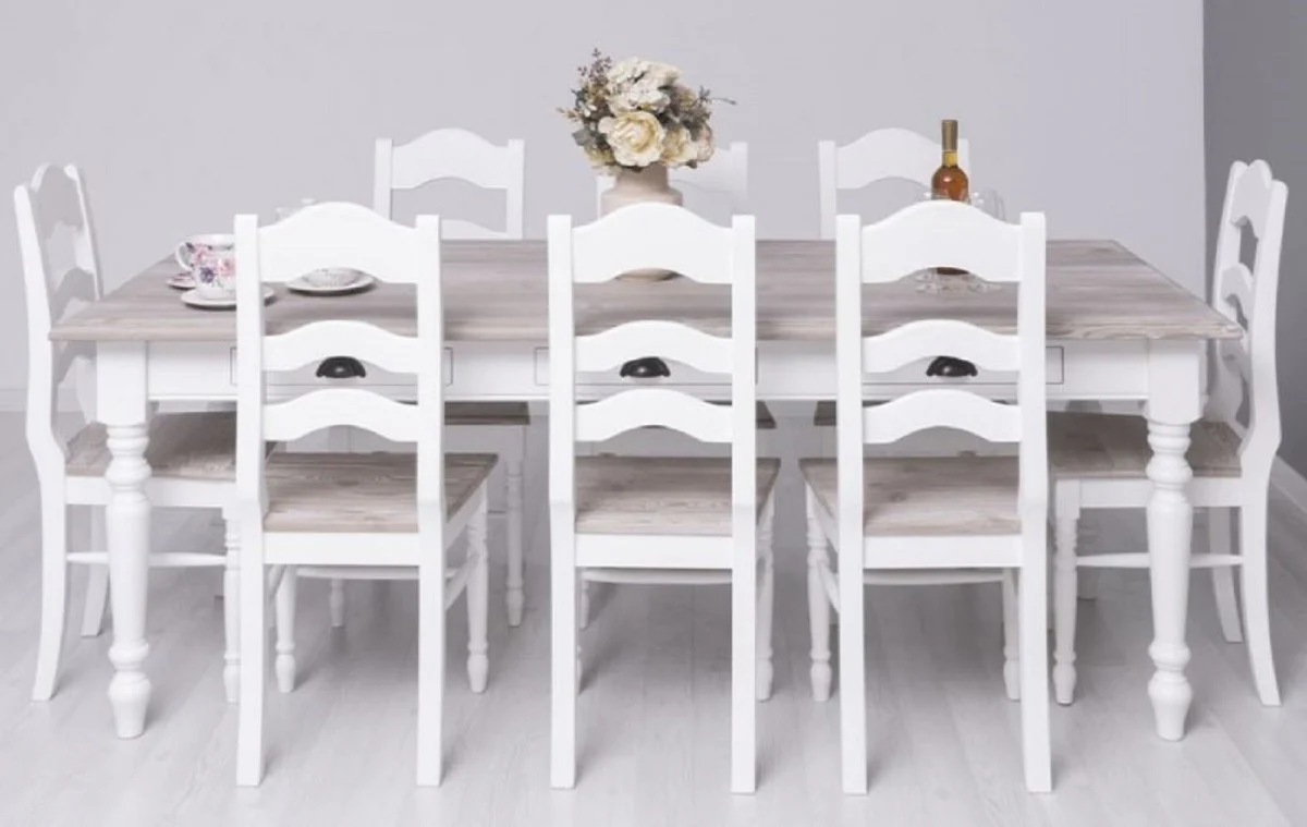 Country house style dining room furniture set white / natural colors - 1 country house style dining table & 8 country house style dining room chairs - solid wood dining room furniture - country house style dining room furniture