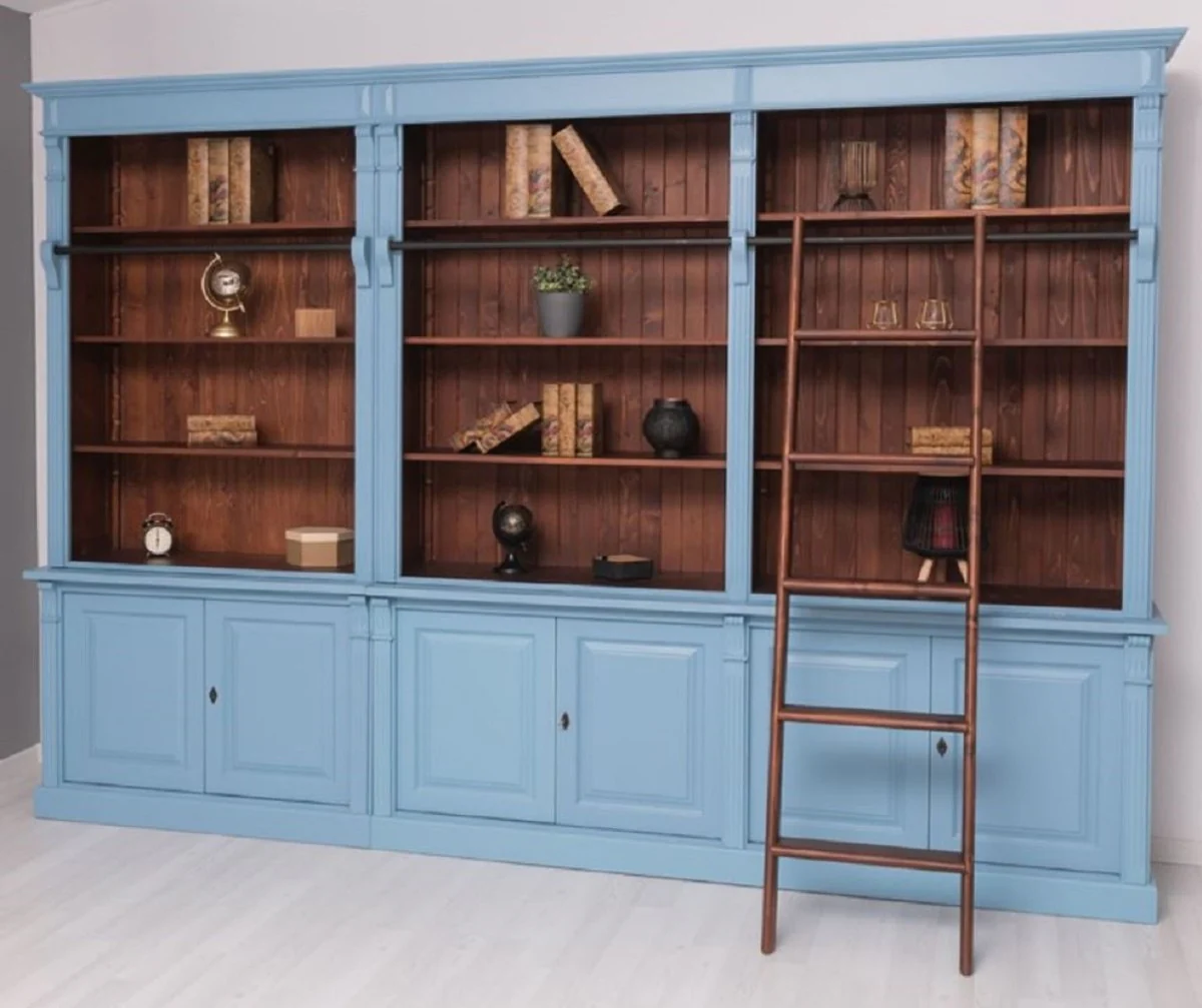 Country house style bookcase with ladder light blue / dark brown 223 x 51 x H. 228 cm - solid wood cabinet - living room cabinet - shelf cabinet - office cabinet - country house style furniture