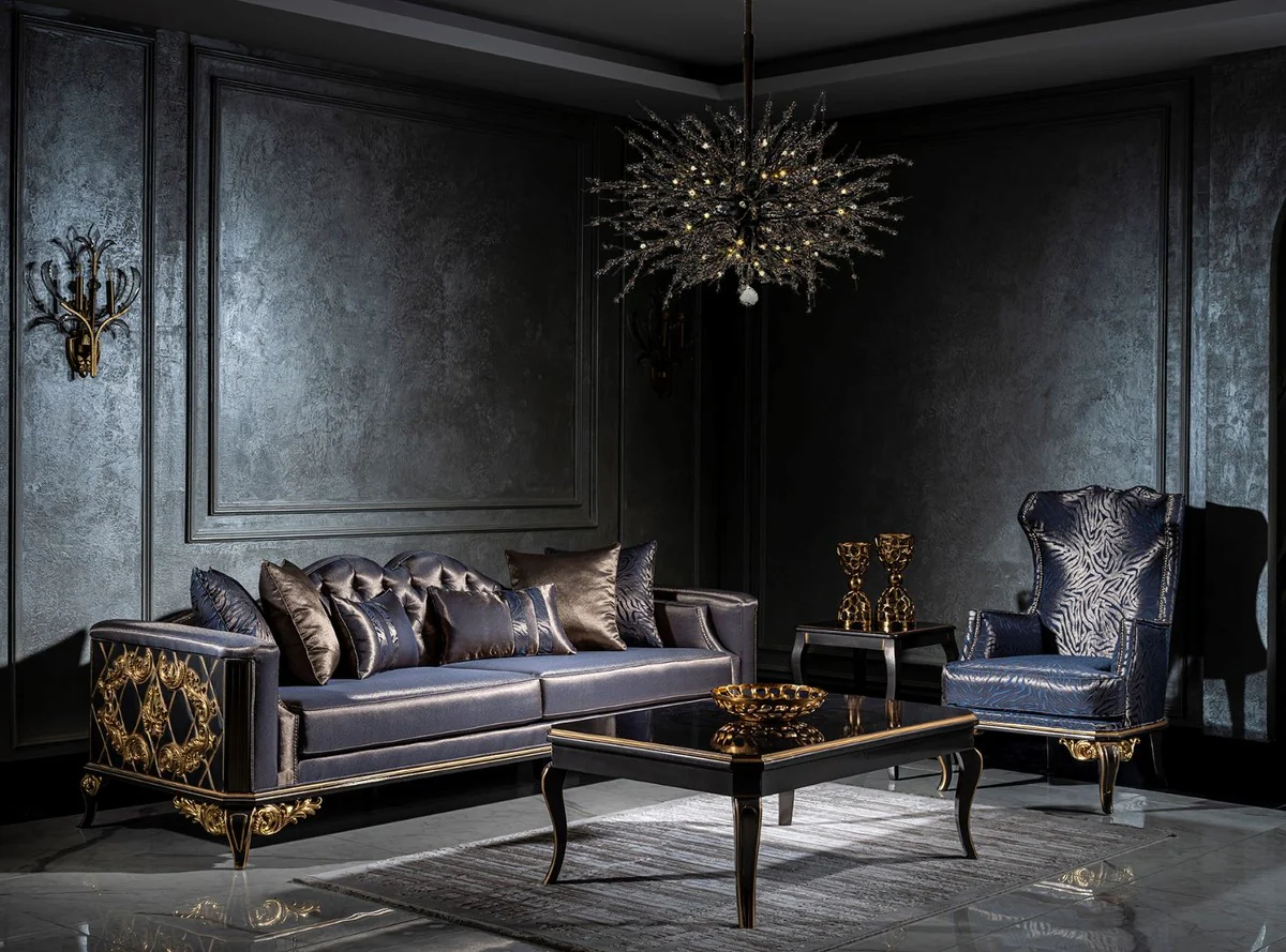 Luxury Baroque Sofa Blue / Black / Gold - Magnificent living room sofa with decorative pillows - Baroque Furniture - Noble & Magnificent