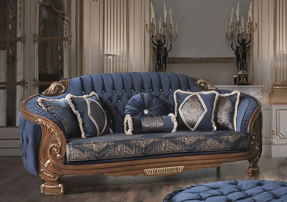 Luxury baroque living room sofa with glittering stones and decorative pillows blue / brown 240 x 90 x H. 105 cm - noble & magnificent
