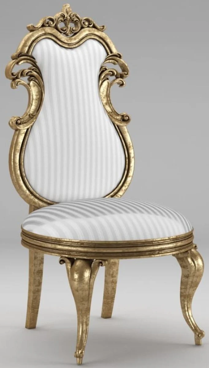 Luxury Baroque dining room chair set white / silver / antique gold 55 x 55 x H. 120 cm - Magnificent striped kitchen chairs - Baroque chairs set of 8 - Dining room furniture