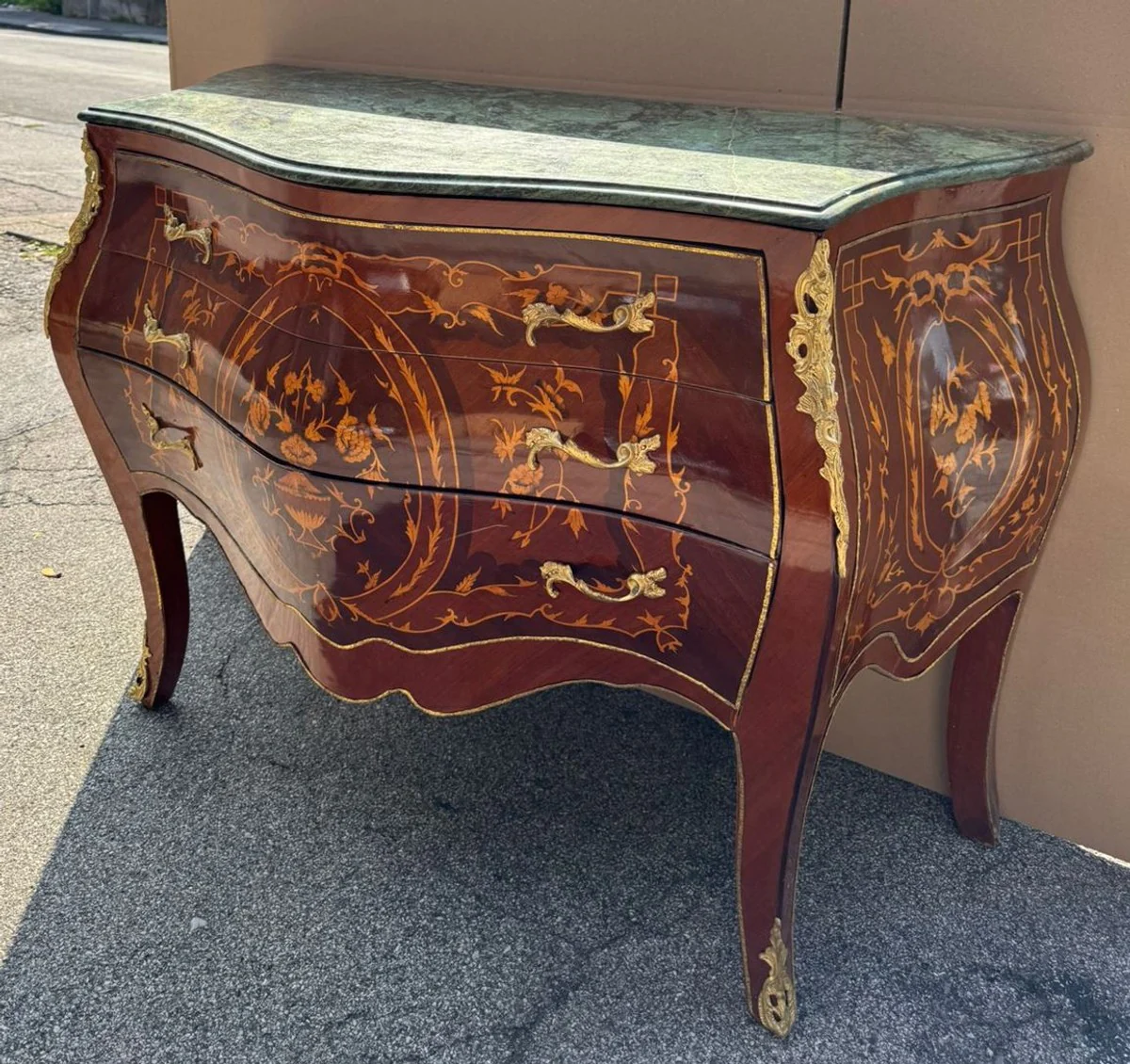 Baroque chest of drawers with 3 drawers and marble top brown inlaid / gold / green 123 cm