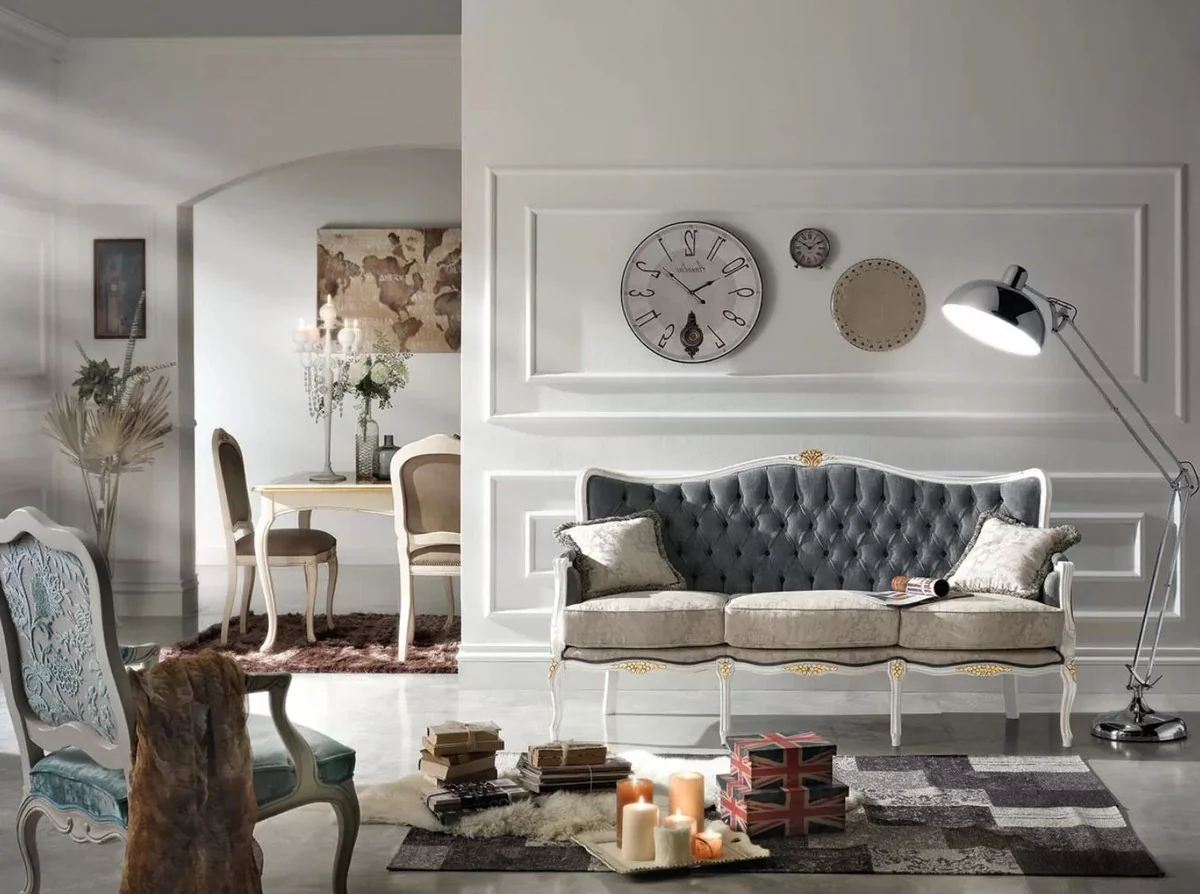 Luxury Baroque Sofa Gray / Light Gray / White / Gold - Elegant living room sofa with elegant pattern and 2 decorative pillows - Baroque furniture - Luxury quality - Made in Italy