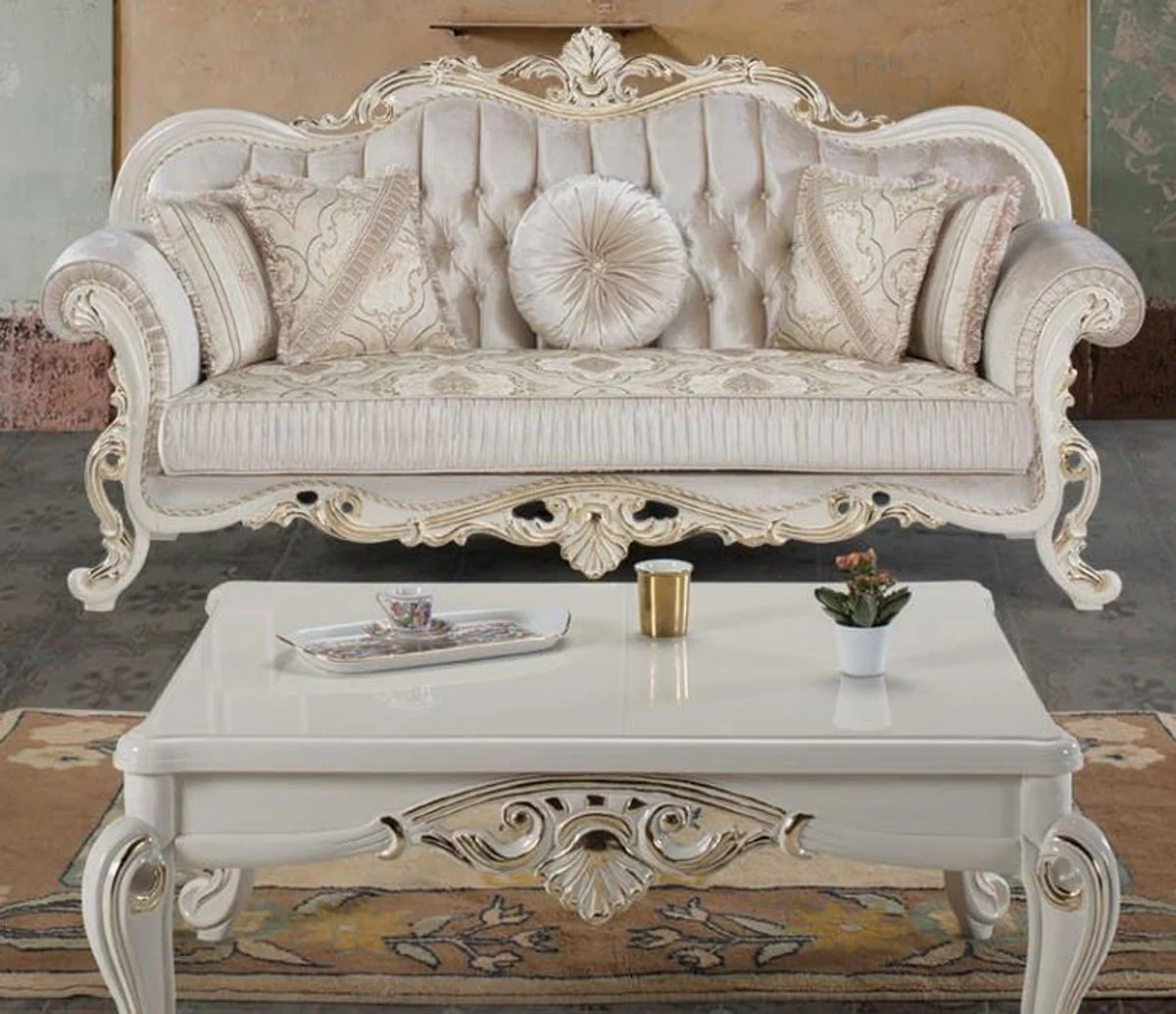 Luxury baroque coffee table white / gold 115 x 85 x H. 50 cm - solid wood living room table in baroque style - baroque furniture