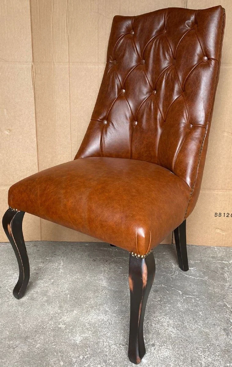 Chesterfield Leather Dining Chair Brown / Antique Black - Genuine Leather Chair - Chesterfield Leather Dining Room Furniture