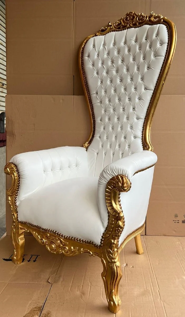 Baroque throne armchair with artificial leather and glittering stones white / gold - Magnificent royal armchair - Handmade wedding armchair - Baroque giant armchair - Baroque furniture