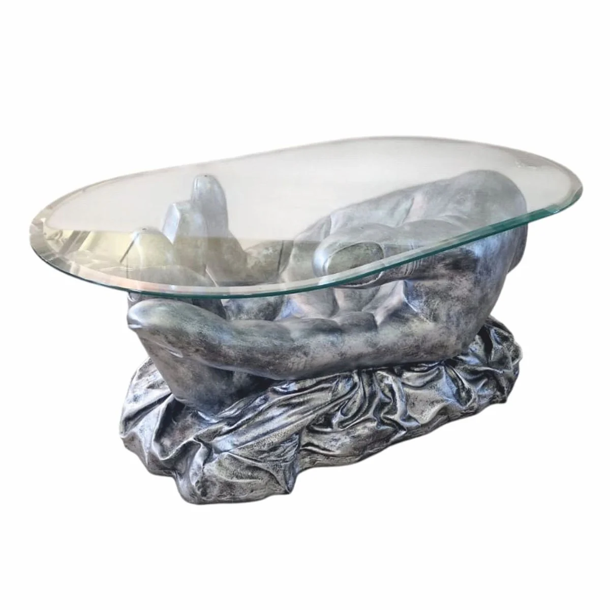 Designer coffee table hand with glass top antique silver 80 cm