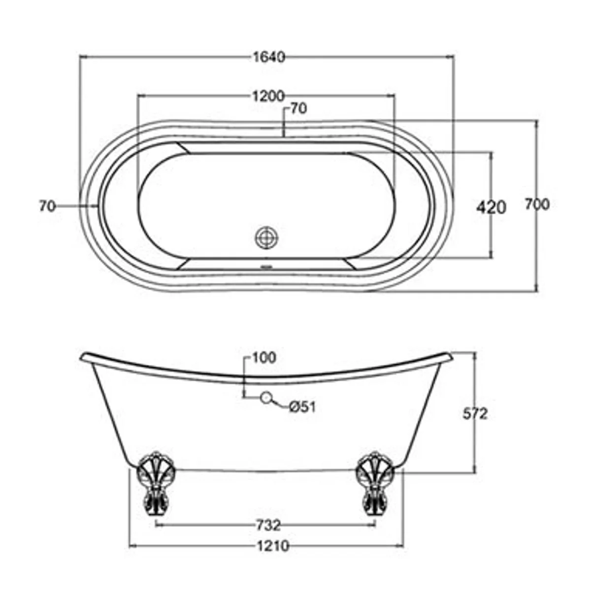 Art Nouveau freestanding bathtub 1640mm BBat White - Freestanding retro antique bathtub